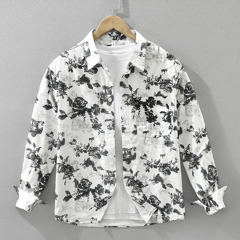 

Японские модные рубашки с принтом для мужчин, с длинным рукавом, весна-лето, новинка, из чистого хлопка, комфортные топы, праздничная мужская одежда