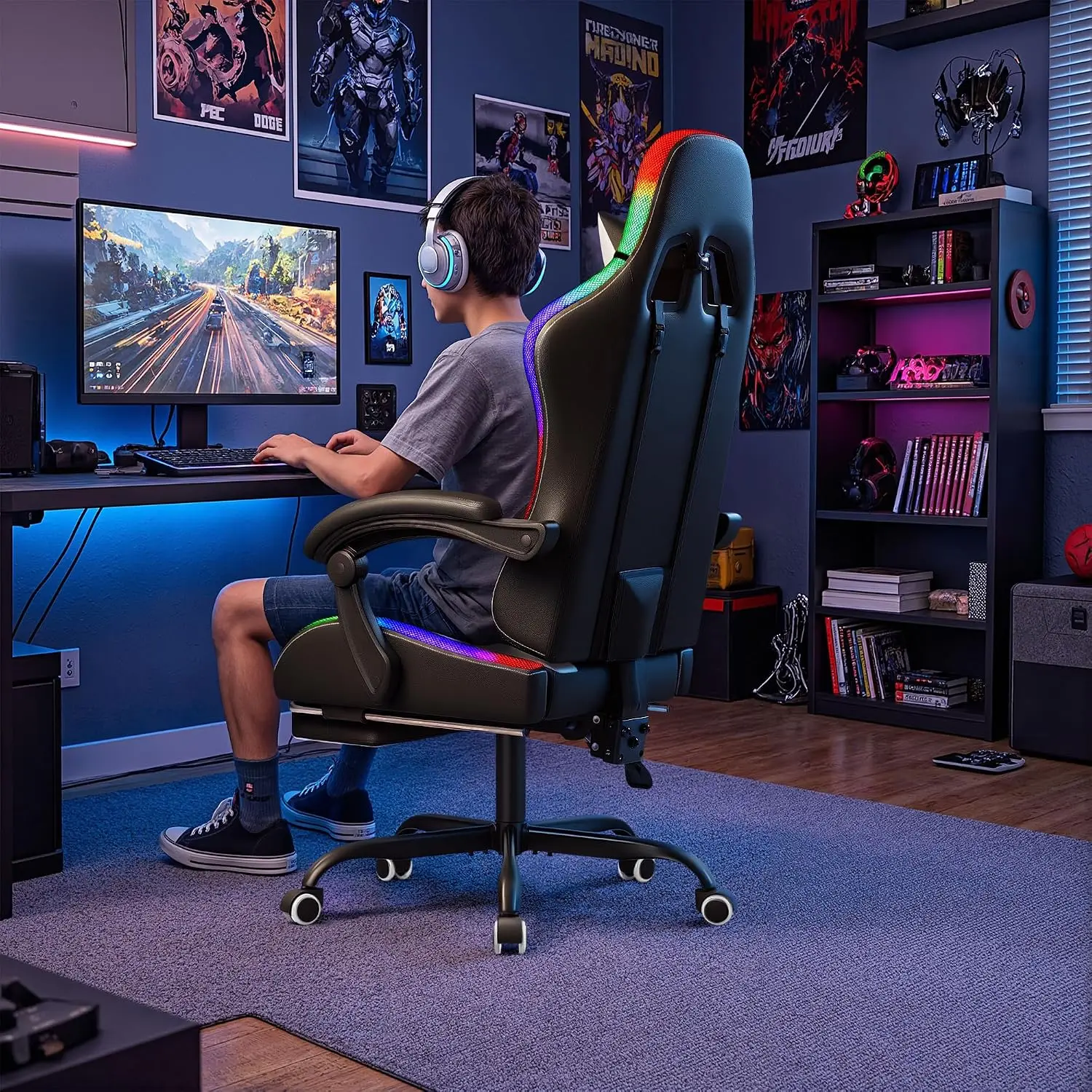 Homall Gaming Chair, Ergonomic PC Chair, Massage Lumbar Support, RGB Lvory