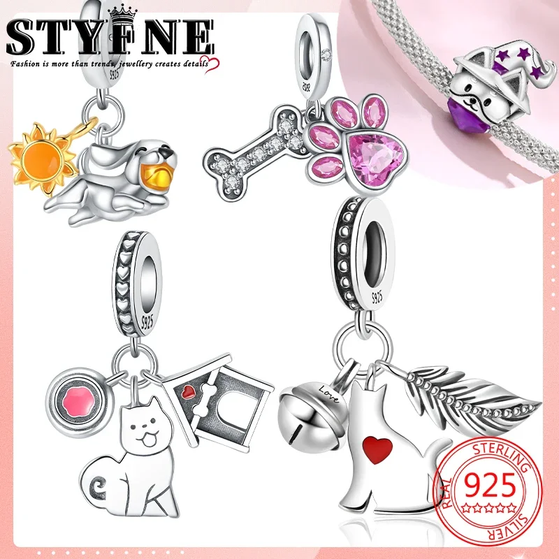 Animals Pets Beads 925 Sterling Silver Drip Magic Hat Sun Puppy Kitten Play Ball Pink Moe Paw Bone Charms Bracelets Jewelry Gift