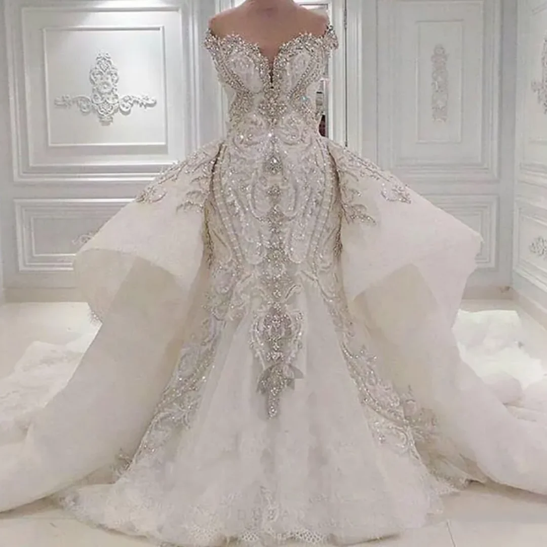 Robes de mariée en dentelle froncée et strass scintillants, style sirène de dubaï, robes de mariée de luxe en cristal avec jupes sur mesure