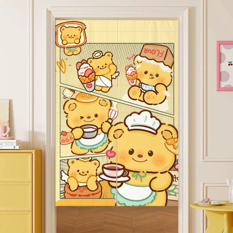 VIKAMA Cute Butter Bear Door Curtain, Cartoon Room Divider Half Curtain, Bedroom Privacy Decorative Curtain