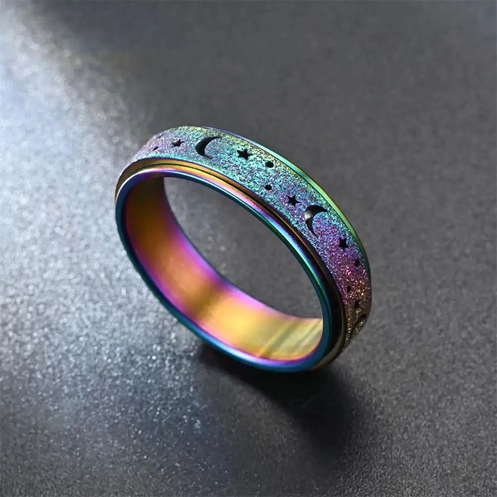 Frosted Stainless Steel Moon And Star Fidget Rings For Men Anti Stress And Anxiety Rotating Ring Fidget Metal Spinner Anillos