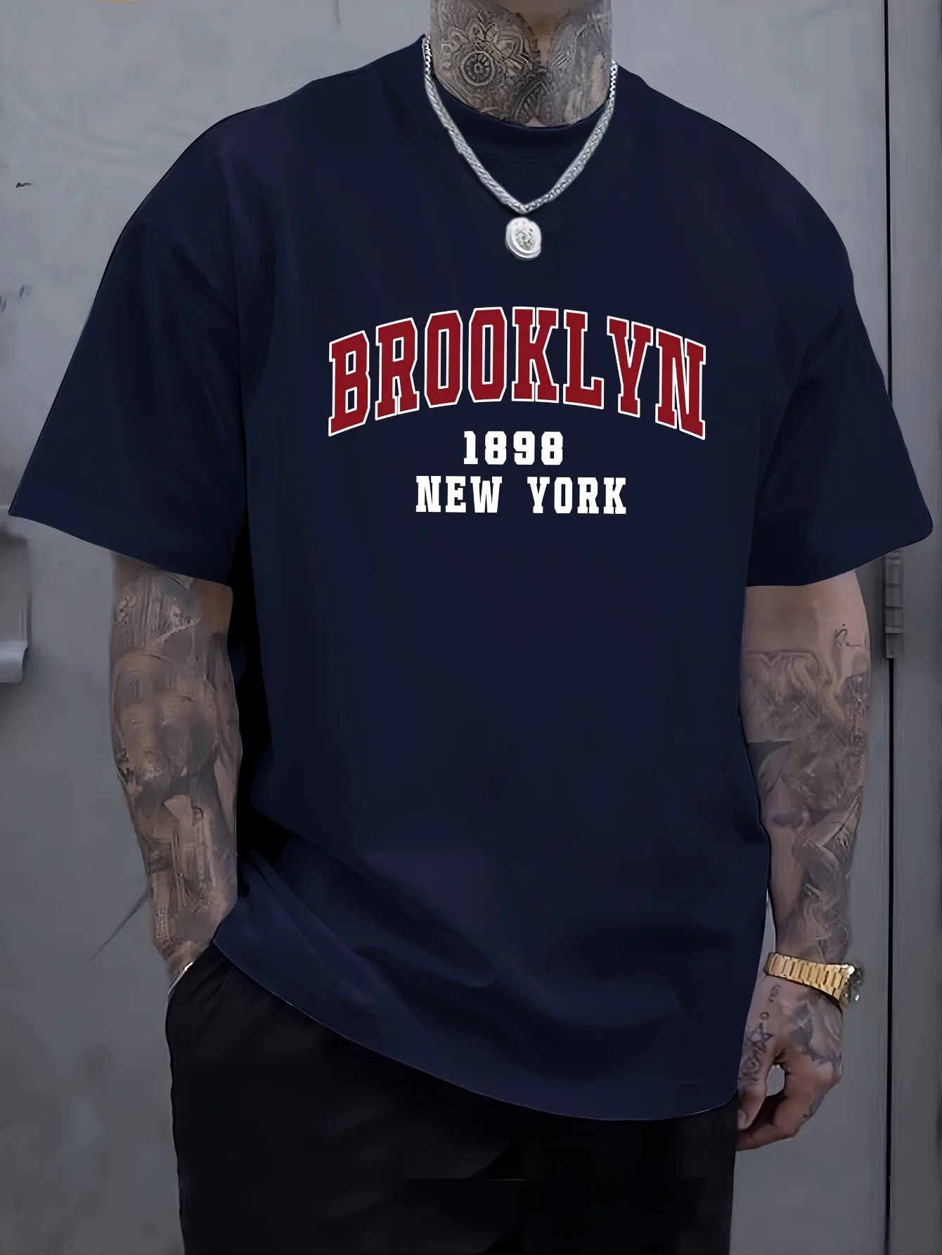 Men's summer 100% pure cotton fashionable casual loose sports Brooklyn 1898 New York printed round neck short sleeved T-shirt