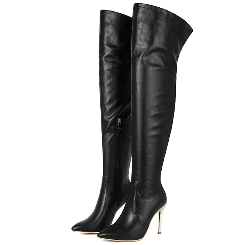 

Черные высокие сапоги до бедра, женские зимние высокие длинные сапоги из искусственной кожи с принтом на носок, женские новые трендовые сапоги выше колена, водонепроницаемые