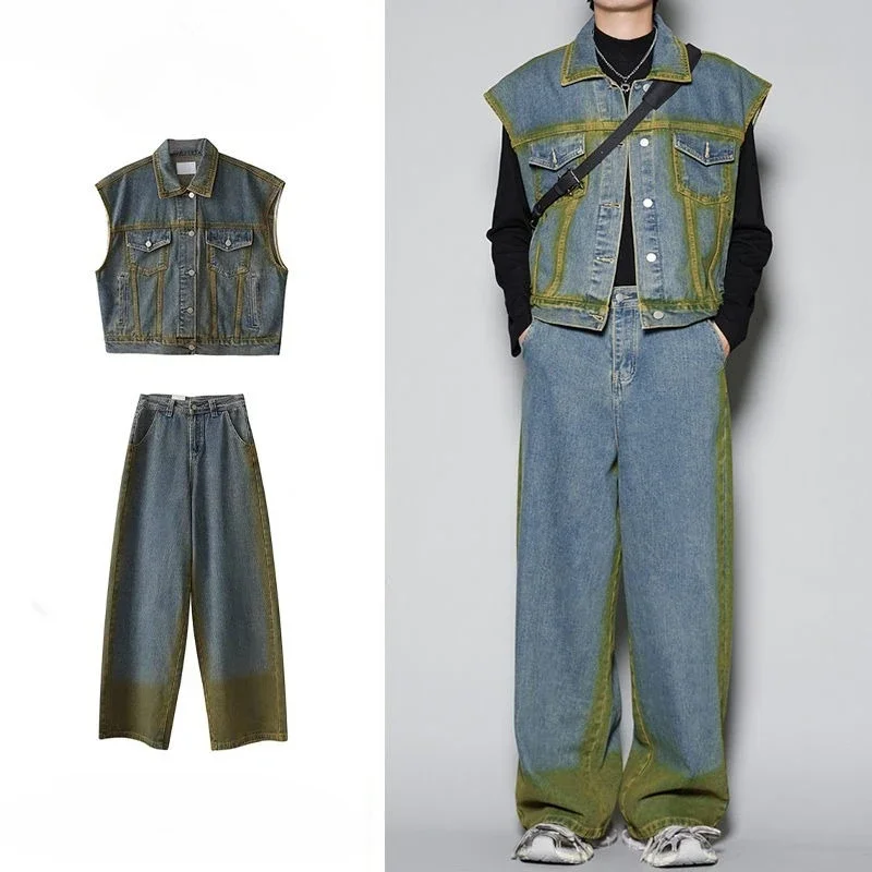 

Graphic Denim Jacket T-shirts Pants Suits for Men Print Outfits Trendy Two Piece Set Two-piece Original Brands Man Trousers Sets