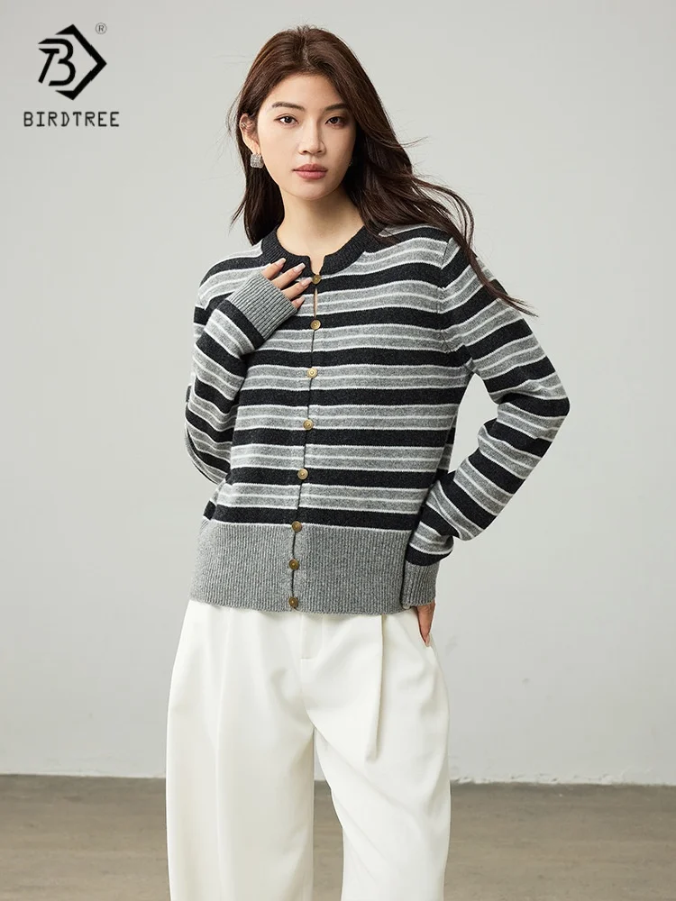 

Birdtree, вязаный кардиган в полоску из 100% овечьей шерсти, женский однобортный трикотаж с круглым вырезом, осень-зима 2025, свободное пальто T59010JF