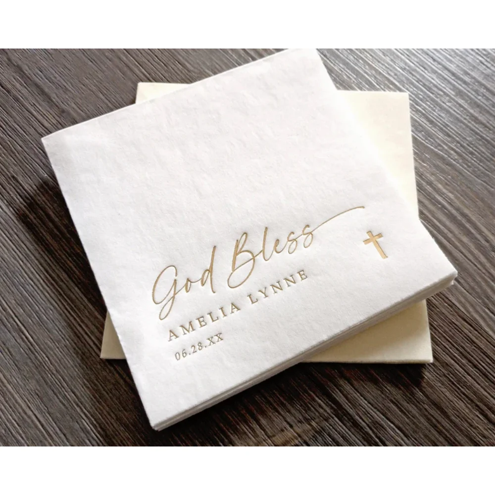 50Pcs Personalized Baptism Napkins | God Bless Napkins | Luncheon Dinner Beverage Decor | Simple Cross Gold Foil Baby Napkins |