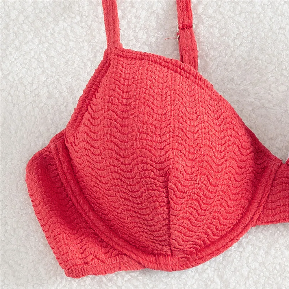 Traje De baño liso con textura roja, Bikini Sexy para Mujer, nuevo traje De baño 2021, Tanga De cintura baja, conjuntos De Bikinis brasileños De Mujer