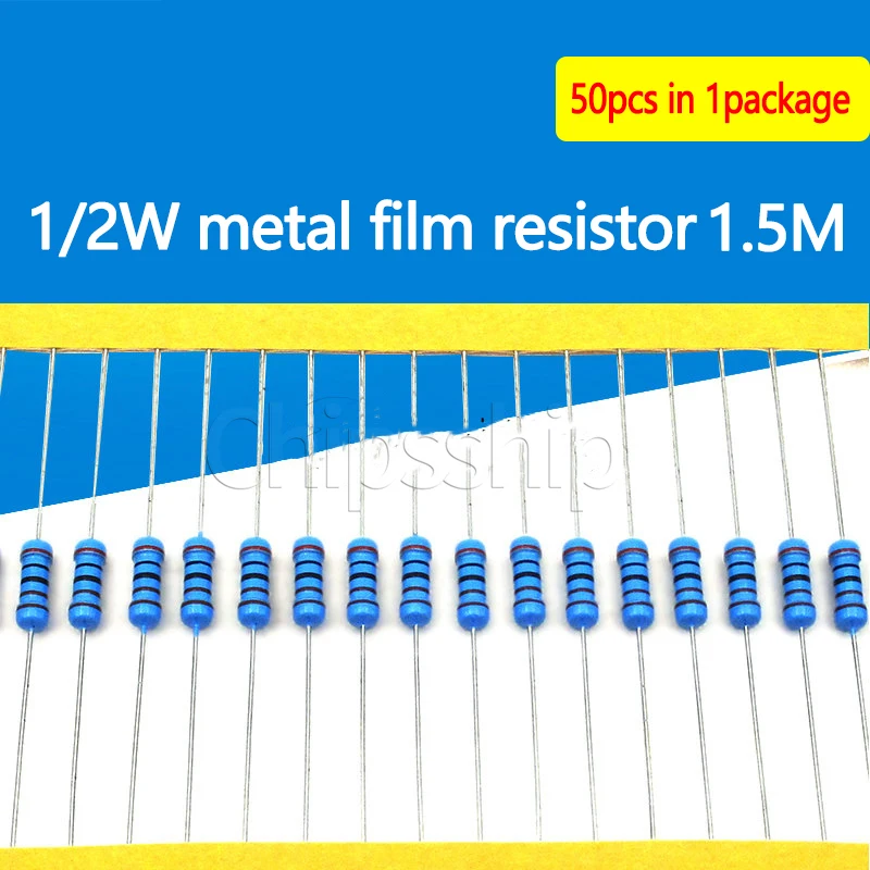 Metal Film Resistor 1/2W 1% Five-color Ring Resistor 1.5 Megohm 1.5M A Resistance Value (50 PCS)