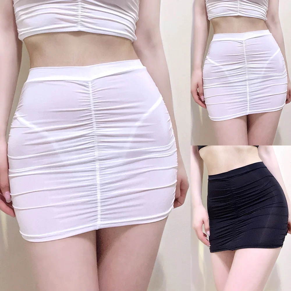 Women Sexy Transparent Mesh Pleated Buttocks Wrapped Lingerie Club Short Mini Skirt Sheer Nightwear Smooth Ladies Short Skirts