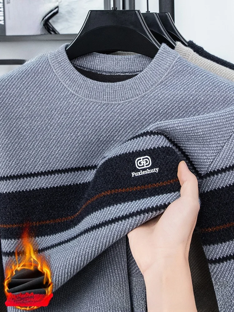 

Мужской вязаный свитер Kangaroo с флисовой подкладкой, утолщенный, с круглым вырезом, теплый, в полоску, для мужчин среднего возраста, базовый слой, нижнее белье, зимний