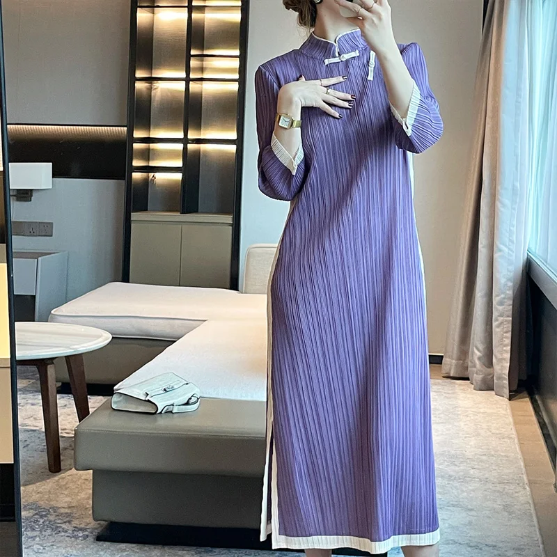 

Summer New Stand Collar Fashion Long Sleeve Elegant Dress Women High Street Casual Loose Midi Dress Vintage All-match Vestidos