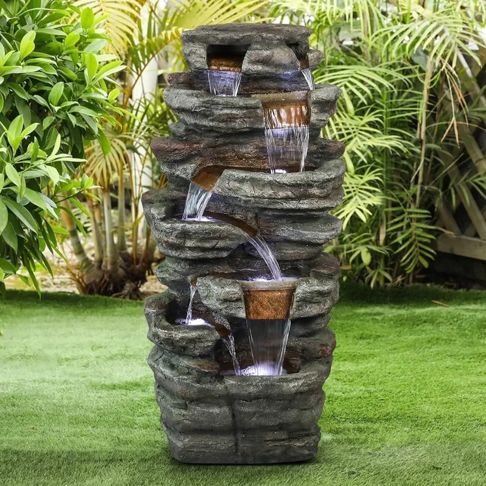 

7-Tier Cascading Rock Outdoor Garden Water Fountain Decor, Outdoor Resin Fountain with LED Light for Garden, Floor Patio, Deck