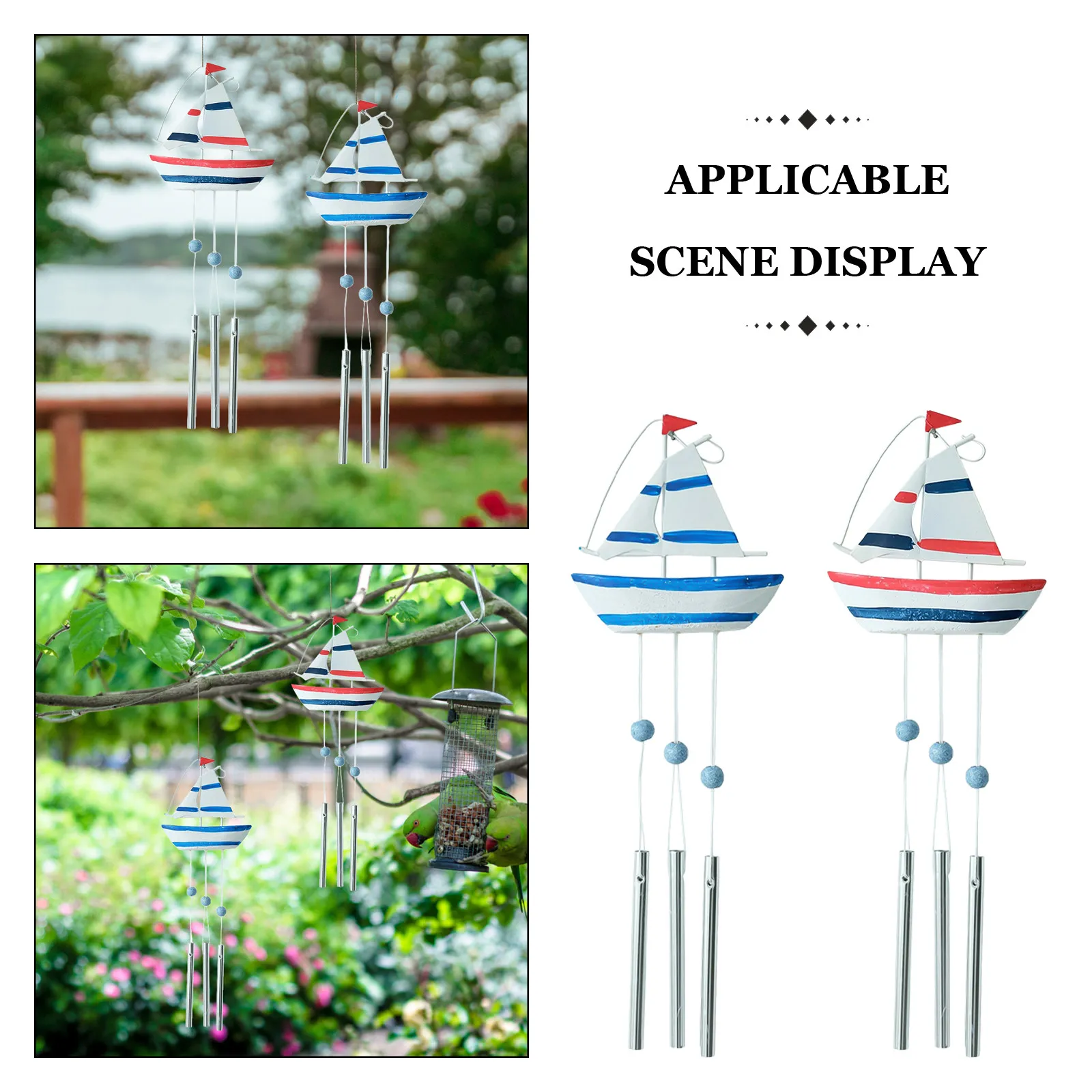 2Pcs Handmade Wooden Sailboat Wind Chimes Nautical Beach Theme Garden Hanging Ornament Outdoor Patio Balcony Mediterranean Decor - view 2