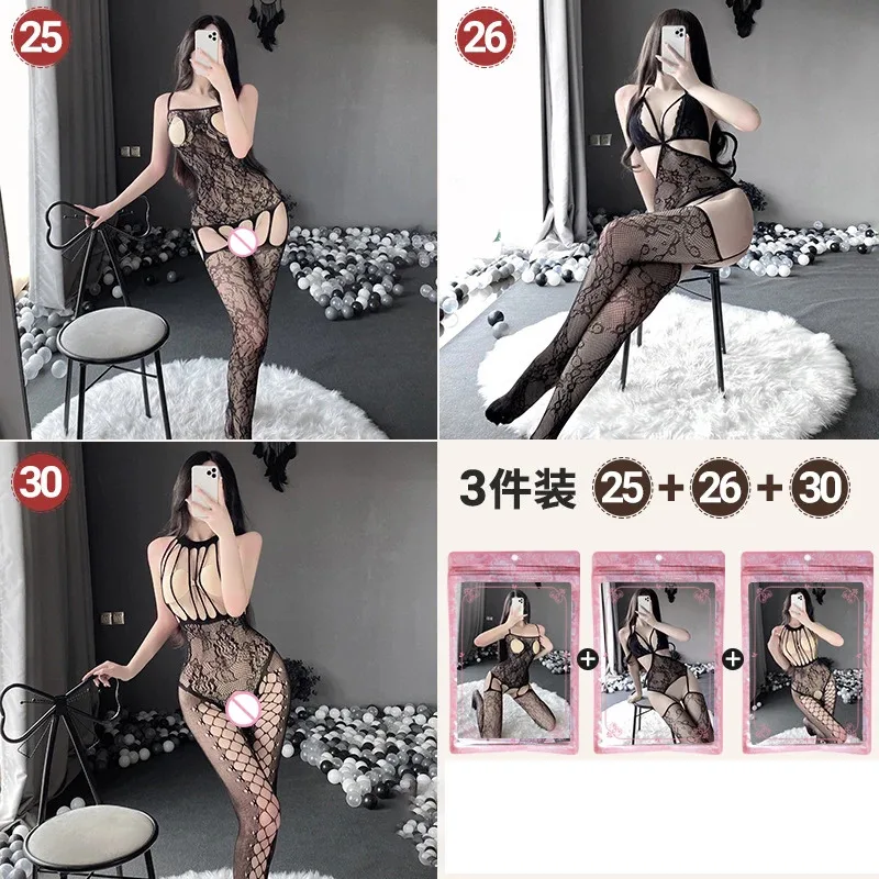 

3Set/Pack Women Sexy Crotchless Erotic Lingerie Fishnet Mesh Bodysuit Female Open Crotch Teddy Hollow Out Bodystockings New