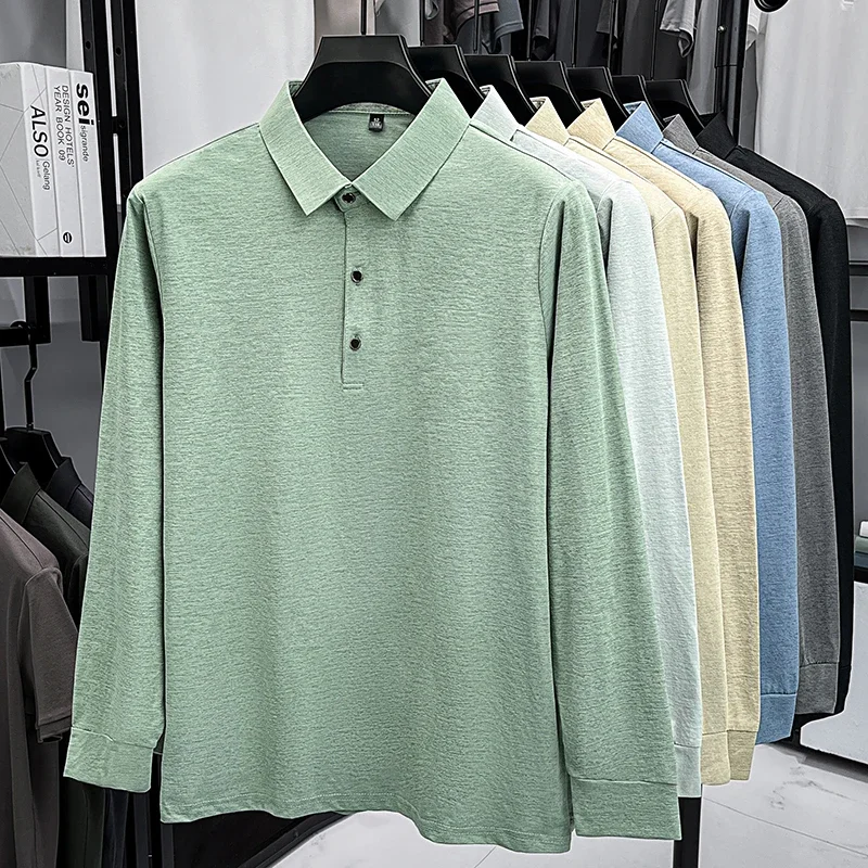 Autumn Mens Heather Texture Polo Top Lapel Long Sleeve Shirt Soft Breathable Fabric Business Casual Wear