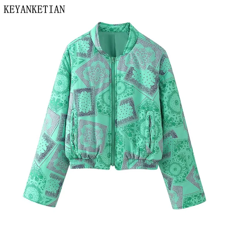 

KEYANKETIAN 2024 New Women's Ethnic style Totem Print Short Quilted Jacket Coat Autumn/Winter Zipper Pockets Outerwear Blazer