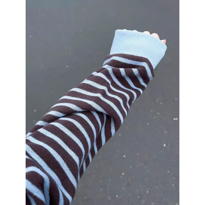 الكورية نمط Preppy طوق مخطط البلوز المرأة الخريف الرجعية تنوعا كتلة اللون فضفاضة عادية كم طويل سترة علوية