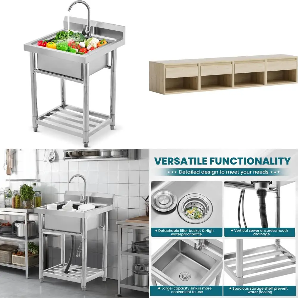 

Stainless Steel Freestanding Single Bowl Utility Sink with Cold and Hot Water Pipes for Outdoor Kitchens and Commercial Use, Ide