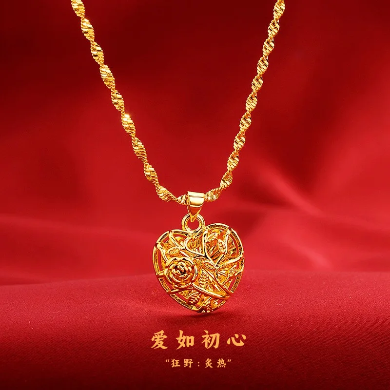 AU999 Gold Rose Flower Pendant Womens Clavicle Chain 24K Pure Gold Necklace Temperament Light Luxury Elegant Necklace