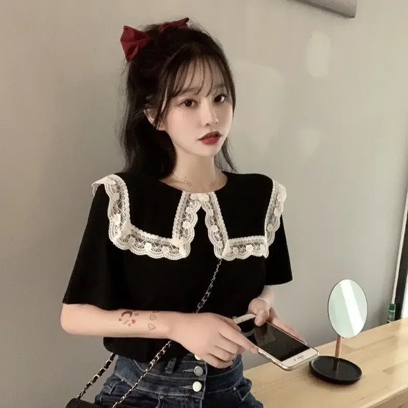 Clothing Cute Top for Woman Collar Kawaii Women's Shirts and Blouses Black Lace Short Sleeve Purple Loose Streetwear Trend 2024