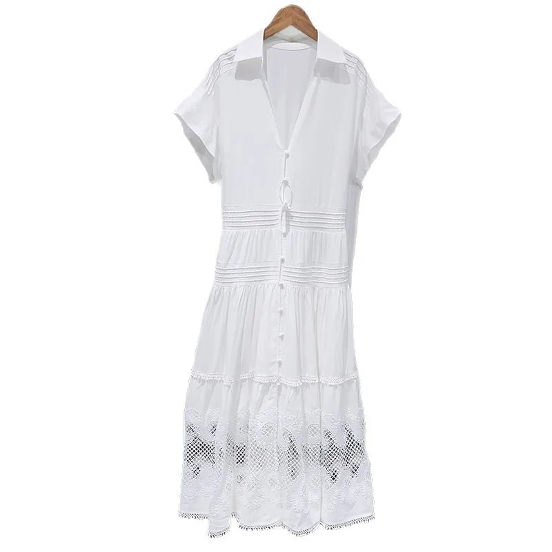 

White Tea Break Long Skirt Silky Light Luxury POLO Neck Lace Lace Hook High Waist 2025 Spring and Summer New Style Party Dresses