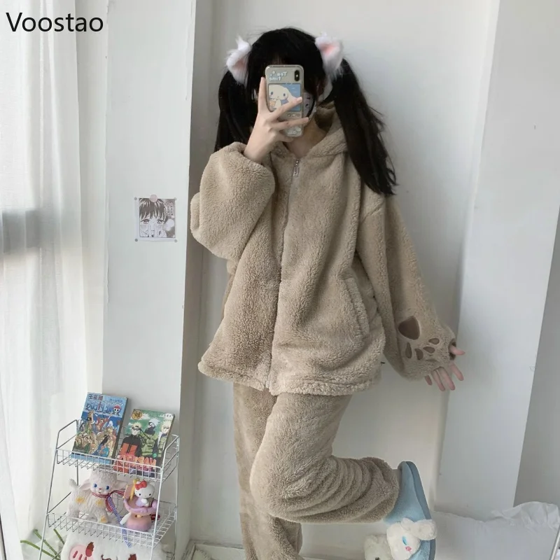 Autumn Winter Sweet Lolita Style Pajama Sets Women Kawaii Bear Ear Hooded Coral Fleece Warm Sleepwear Girls Cute Home Nightwear