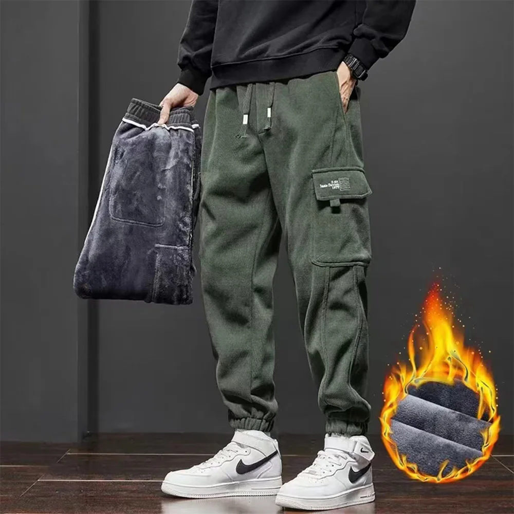 2023 New Winter Fleece Warm Corduroy Pants Men Solid Color Pocket Baggy Trousers  Thick Joggers Streetwear Harem Pants Men M-5XL