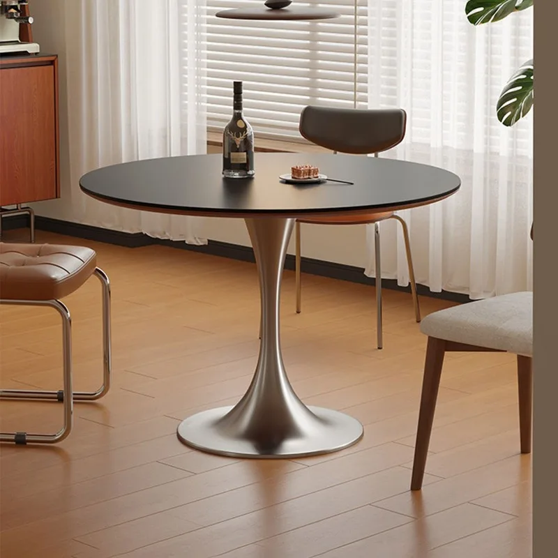 

Medieval tulip round pure black rock slab dining table and chair set, stainless steel Italian round table