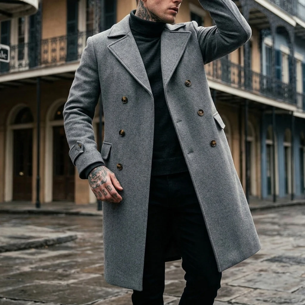 New Men's Solid-Color Double-Breasted Knee-Length Trench Coat - Classic Streetwear | Business Casual Jacket for Office & Outdoor