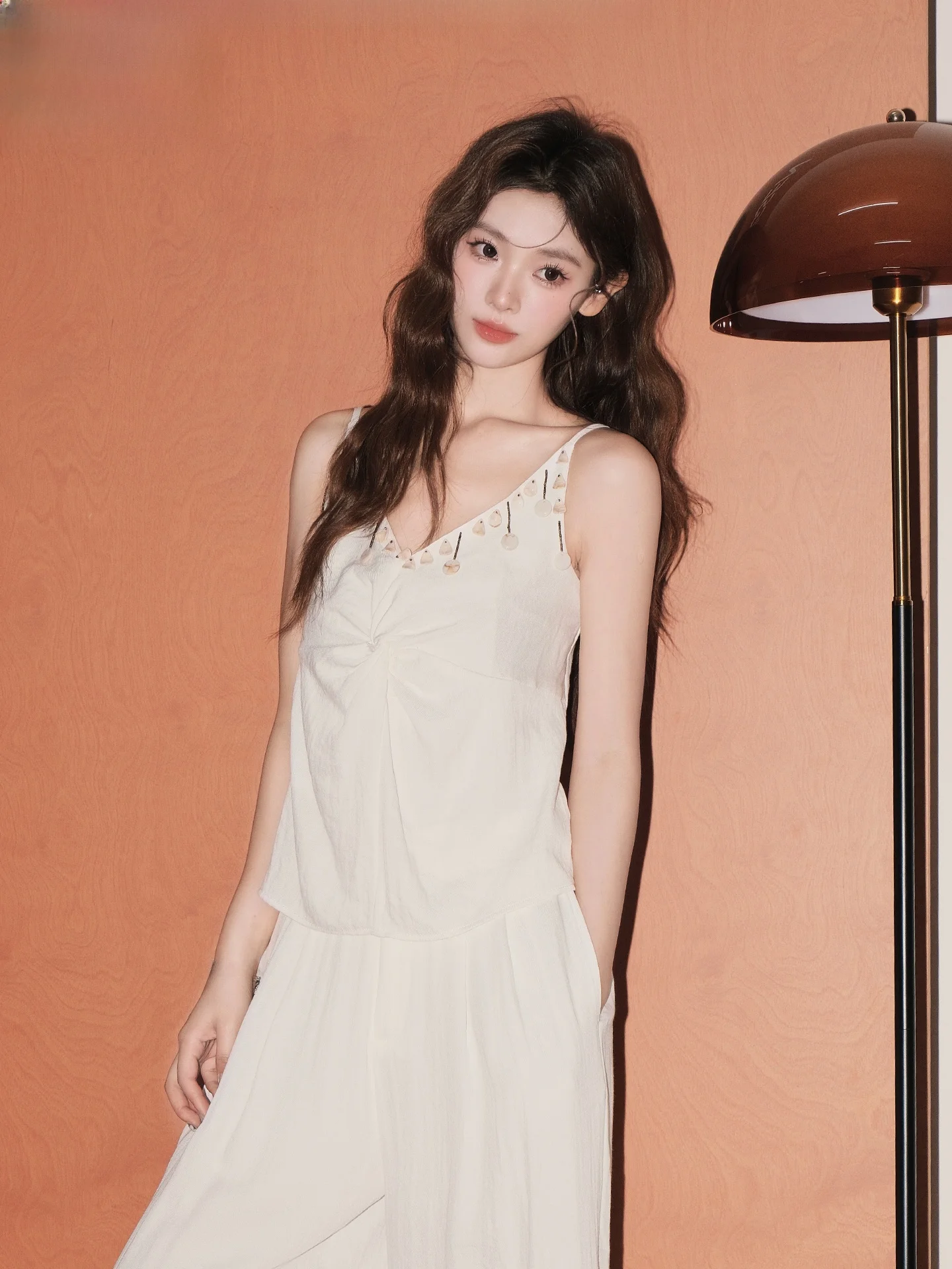 

Heavy Embellished V-Neck Strap Vest Loose Wide Leg Casual Pants Two Piece Set Women's Summer Fashion Outfit Casual Style
