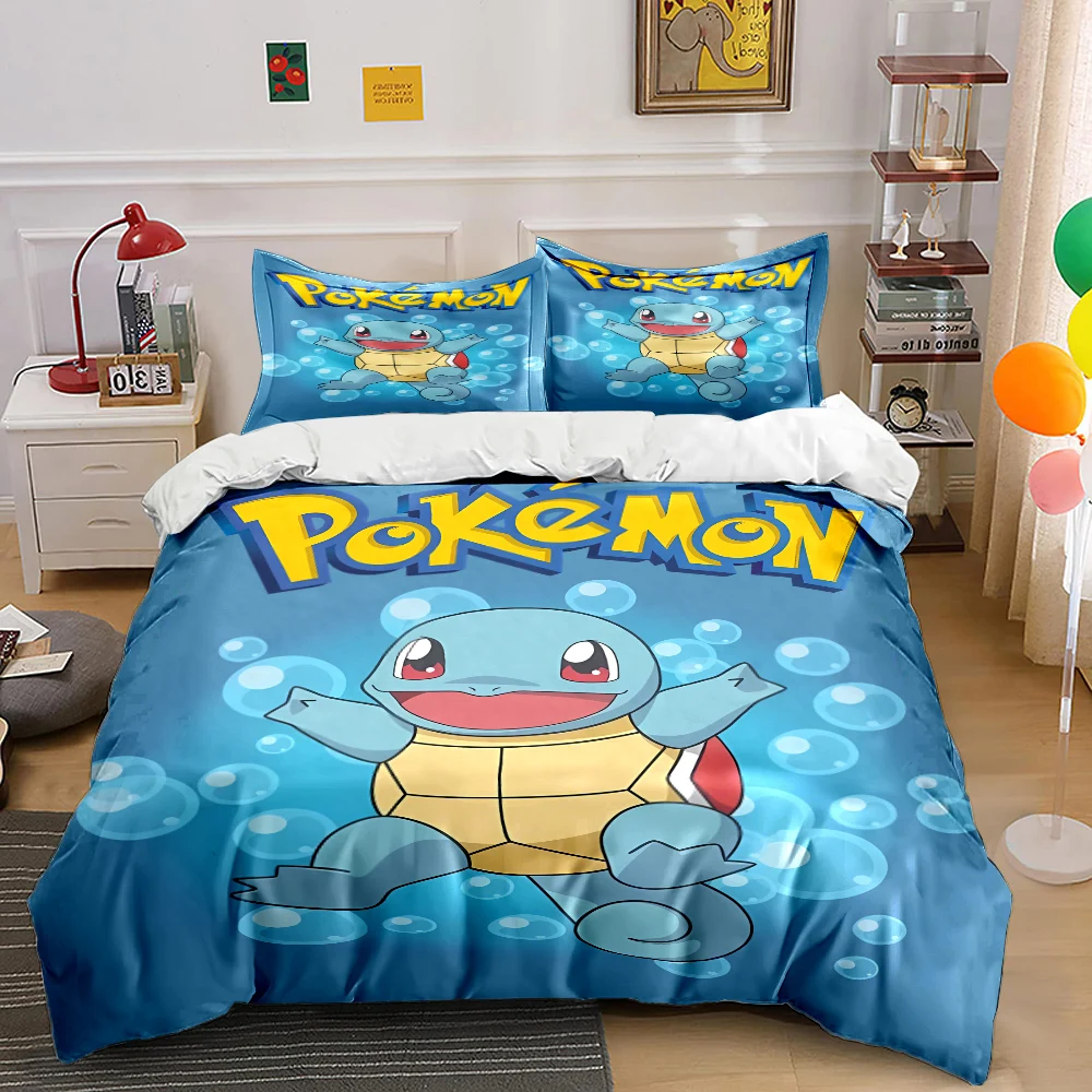 Japanese Anime Pokemon Squirtle Bedding Set Quilt 3 Pieces Duvet Cover King Queen Us Twin Size Bedclothes Kid Boy Girl Bed Decor