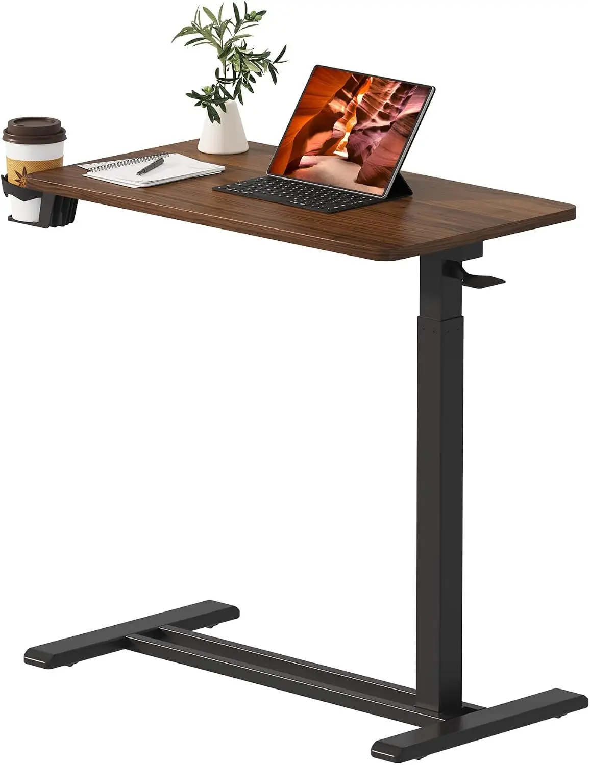 Medical Overbed Adjustable Bedside Table with Hidden Casters, Pneumatic Mobile Rolling Laptop Standing Desk with Tray for Home a