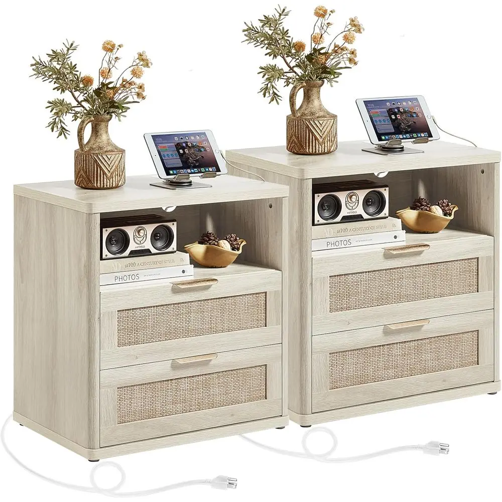 Pair of 23 Wide Bohemian Nightstands with Drawers, Grey and White Bedside Tables for Bedroom, Living Room, or Hallway