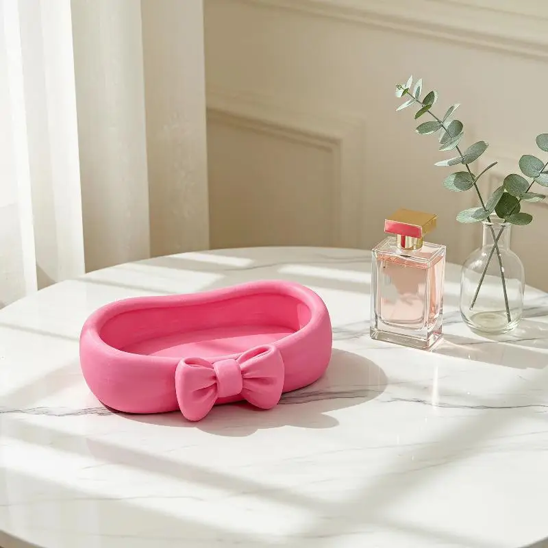 1Pcs Cute Bow Shape Pink Desktop Storage Tray Display Organizer Holder Trinkets Bathroom Vanity Countertop Decor Container