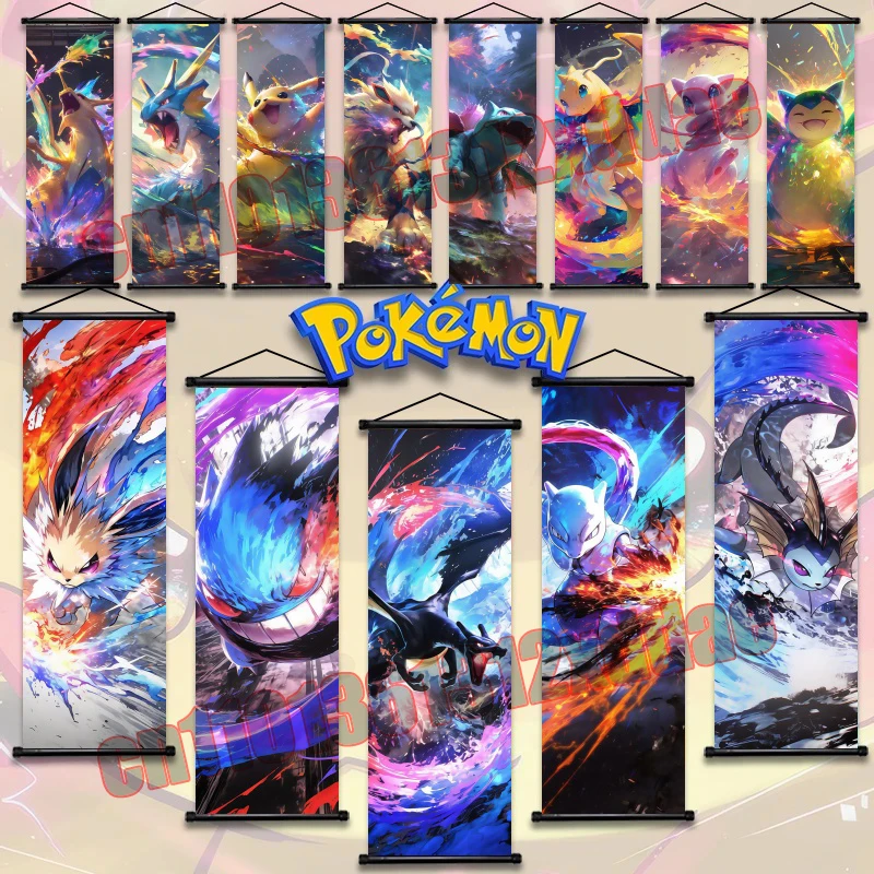 

Anime Pokemon, Arcanine, Pikachu, Eevee, Gengar, Rayquaza, Colorful Printing Art White Canvas Scroll Drawing Decorative Painting