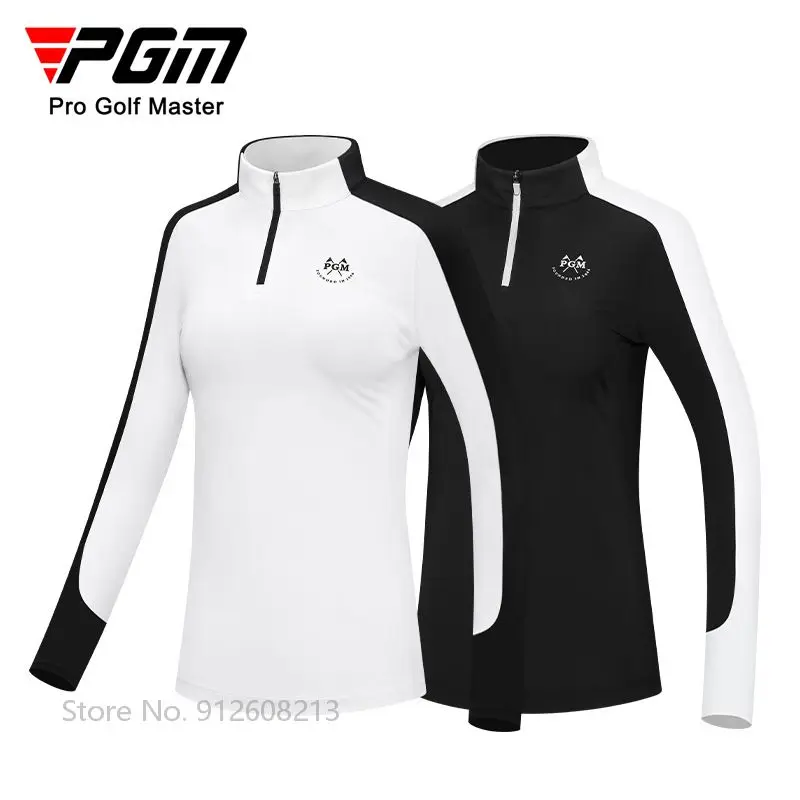 PGM Female Long-sleeved Patchwork Golf T-shirt Zipper Collar Golf Tops Elastic Warm Polo Shirts Women Slim Windproof Sportswear