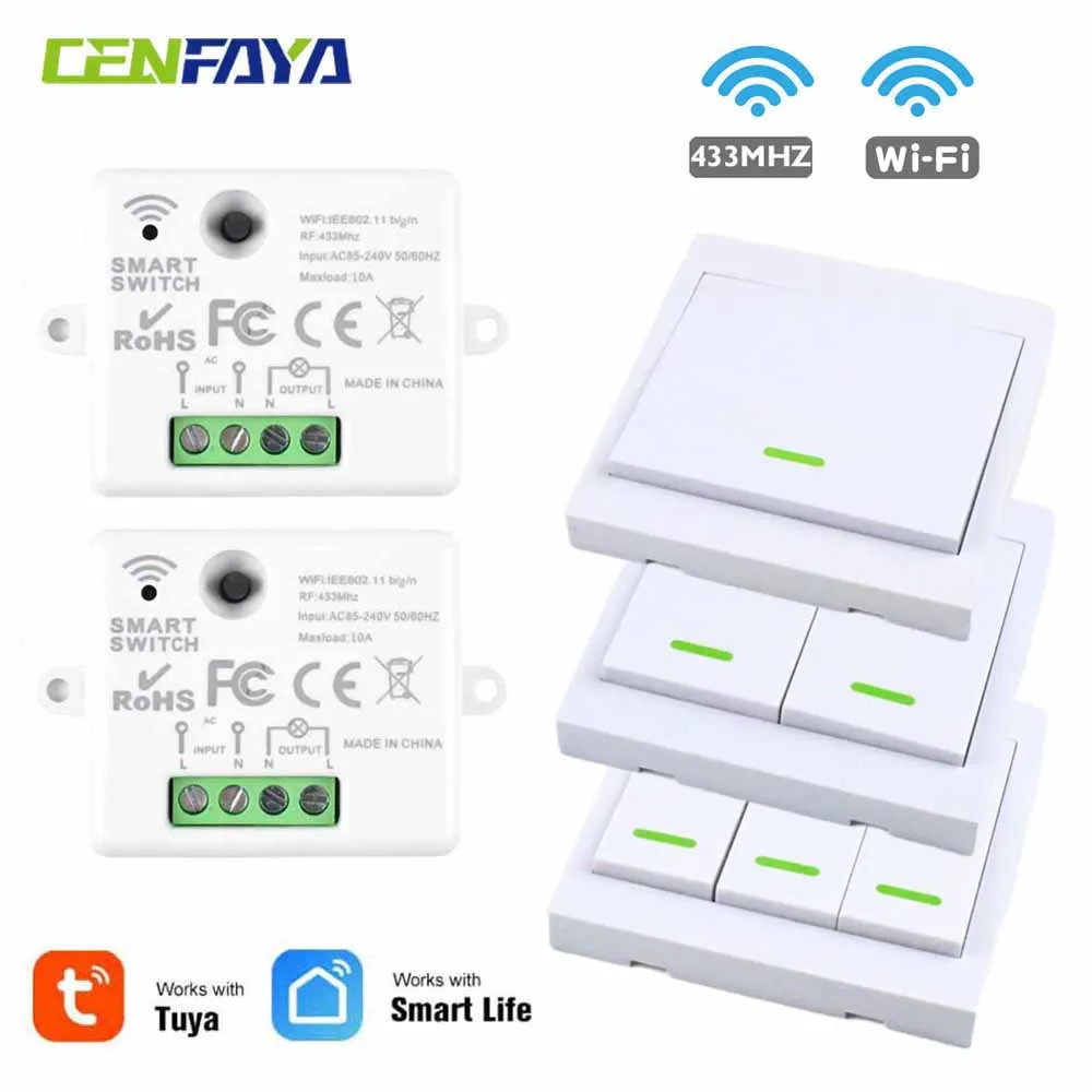 CENFAYA TUYA Smart WiFi Light Switch RF 433MHZ Wireless Remote Control Switch Kit with Alexa Google Home 86 Wall Touch Remote