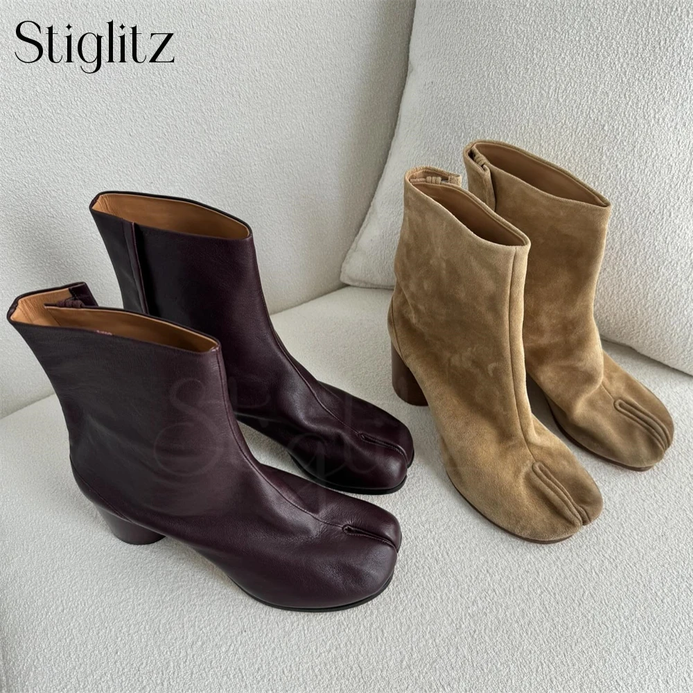 High Heeled Tabi Ankle Boots for Men Custom Made Multicolor Faux Sheepskin Buckle Booties Brown Khaki Designer Novel Style Boots