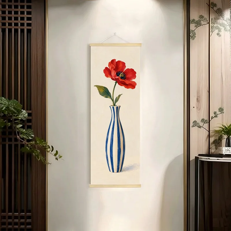 Flower Vases Berry Bowl and Teapot Hanging Scroll with Red and Blue Watercolor Still Life Illustrations for a Dining Room