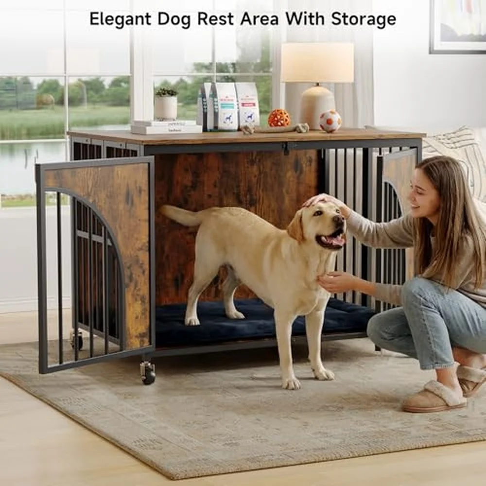 43 Inch Foldable Dog Crate Furniture Wooden Dog Kennel Brown