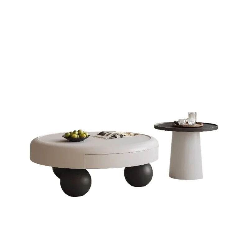 

Retro round coffee table living room paint black and white light luxury high-end storage drawer edge combination