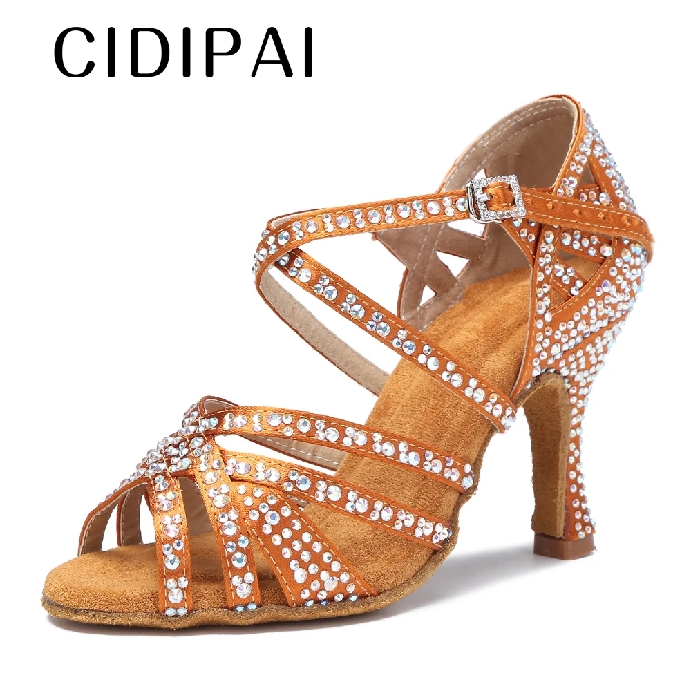 CIDIPAI Satin Latin Dance Shoes For Women Soft Bottom Tango Party Shoes Rhinestone Wedding Shoes Salsa Dance Shoes