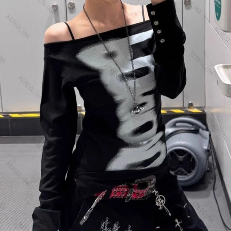 

Trendy fashionable high street one shoulder long sleeved top European and American spring/autumn casual slimfit long sleeved top