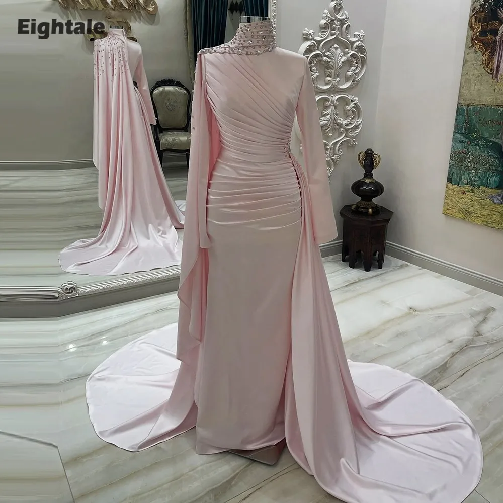 

Eightale Pink Evening Dress Beaded Cyrstals Customized Long Sleeves Arabic Prom Satin Wedding Party Gown Vestidos De Gala