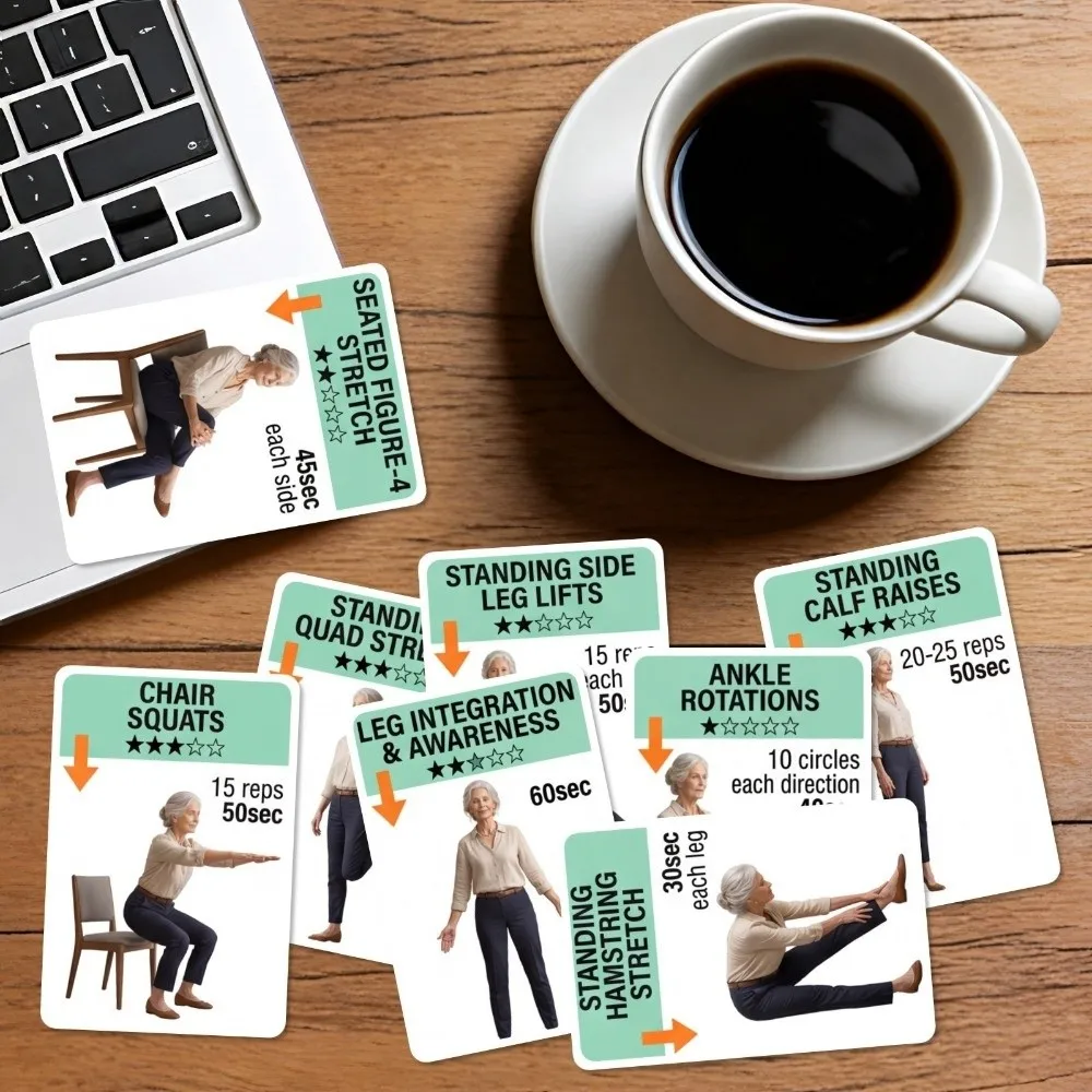 18Pcs Illustrated Step Move Guide Senior Standing Exercise Flashcards Paper Fitness Sheets Low-Impact Gentle Stretch Cards