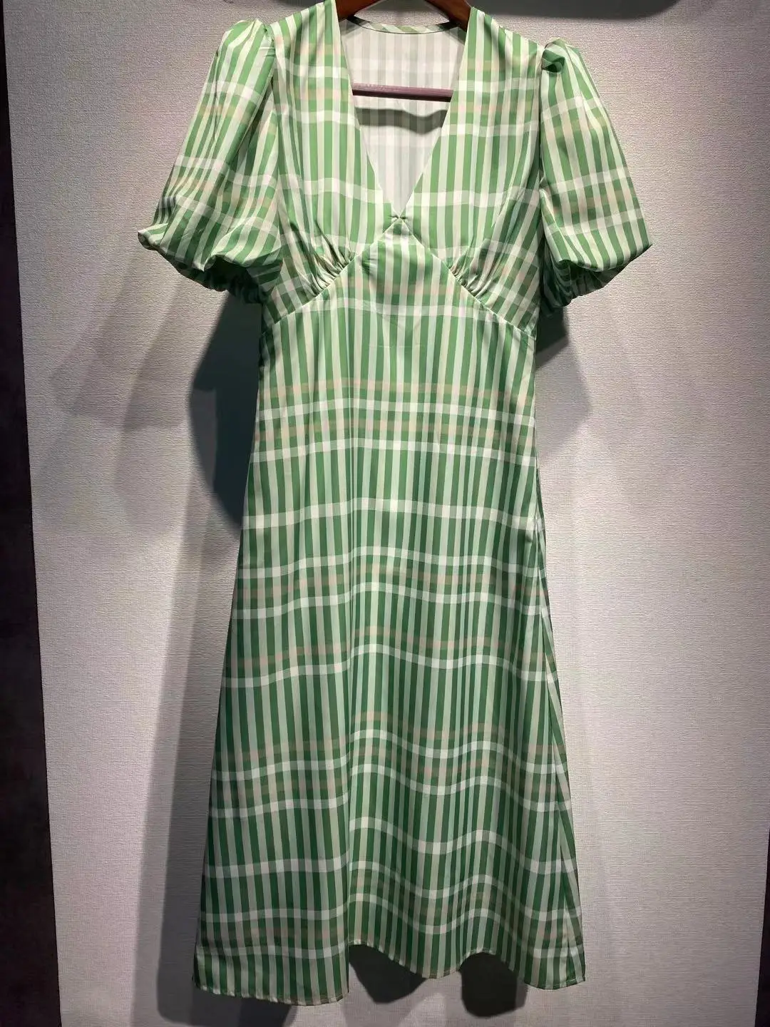 

French Sle Mid-Length Printed Dr Women's V-Ne Bubble Sve een Plaid Spring Summer New Arrival 3089 A-Line Skirt