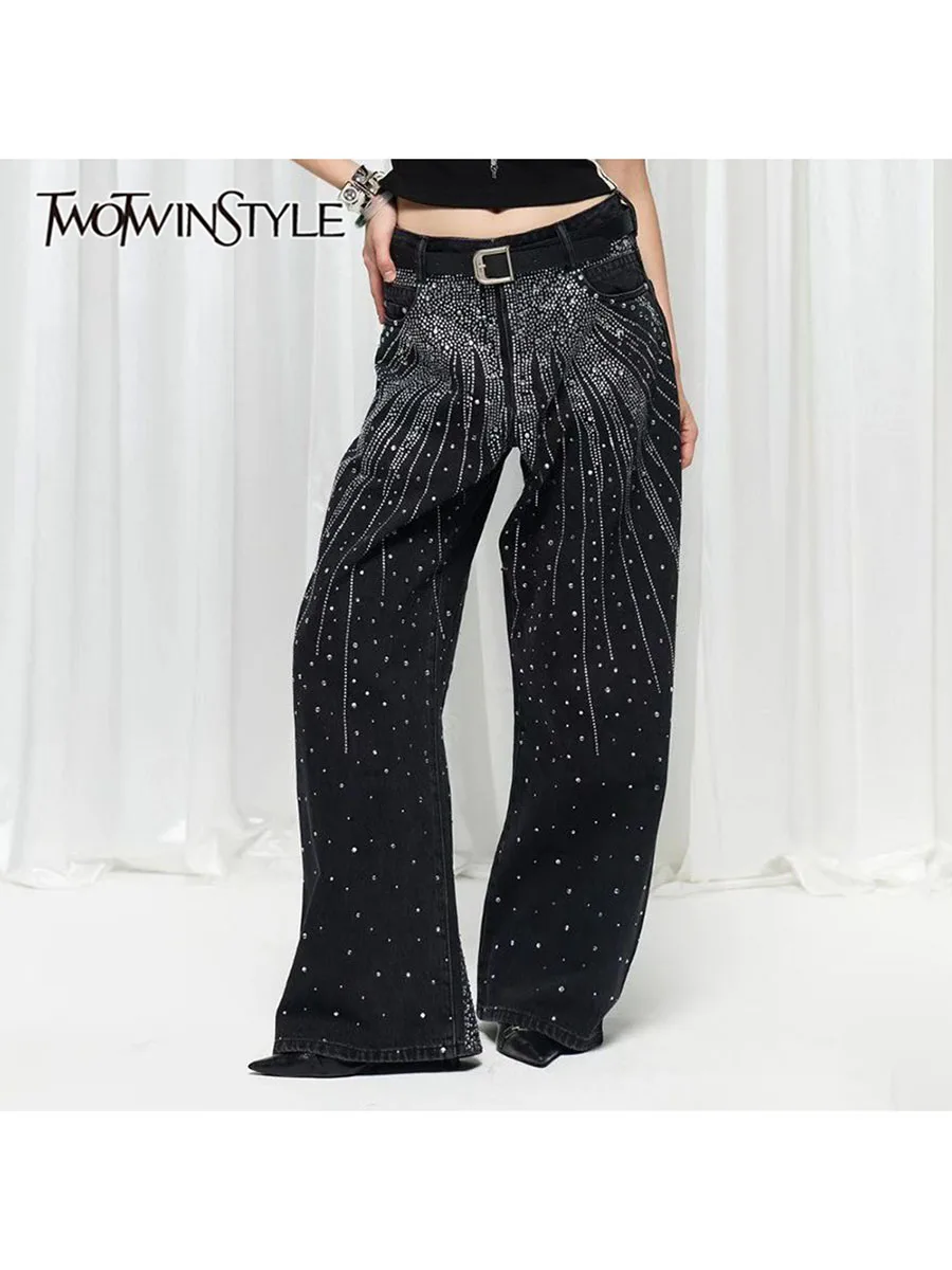 

TWOTWINSTYLE Loose Spliced Hot Fix Fashion Jean for Women High Waist Patchwork Pockets Temperament Wide Leg Pant Female Clothing