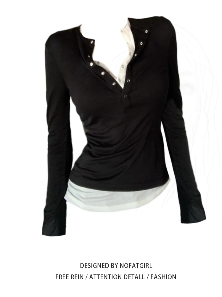 

Женская черная лоскутная футболка из двух предметов в стиле Харадзюку Y2k, футболка 90-х годов, эстетические винтажные корейские футболки с длинными рукавами 2000-х годов