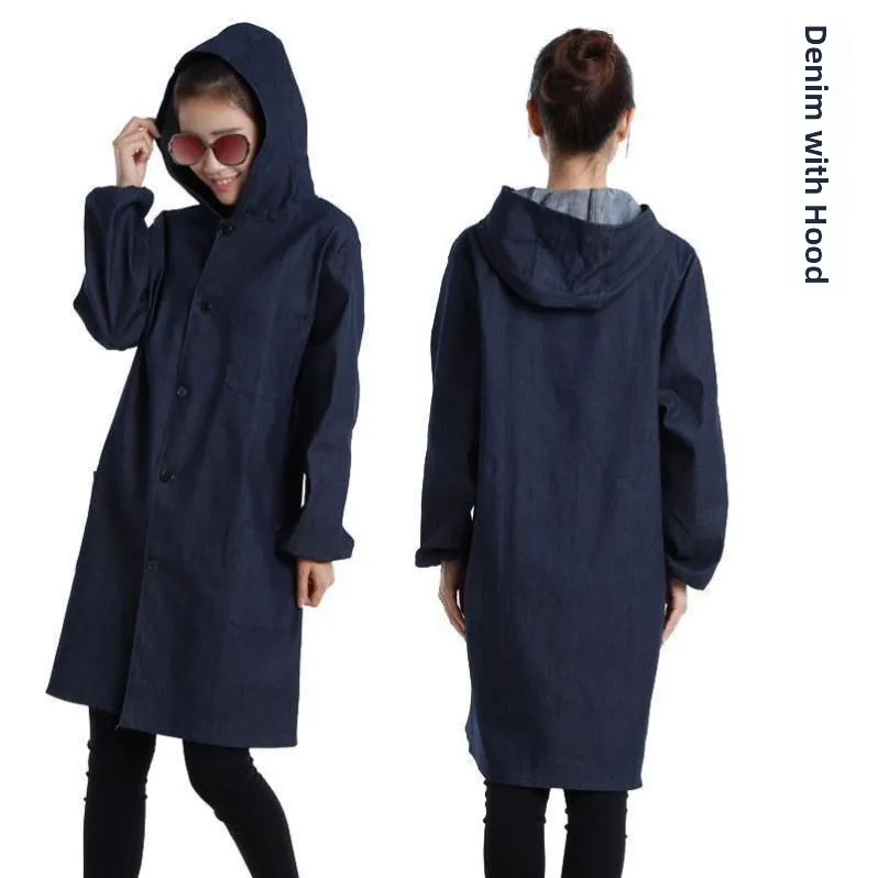 Long Cotton Denim Lab Coat with Hood Workwear Men's Wear Dustproof Dirt-resistant Outerwear Labor Protection Clothing